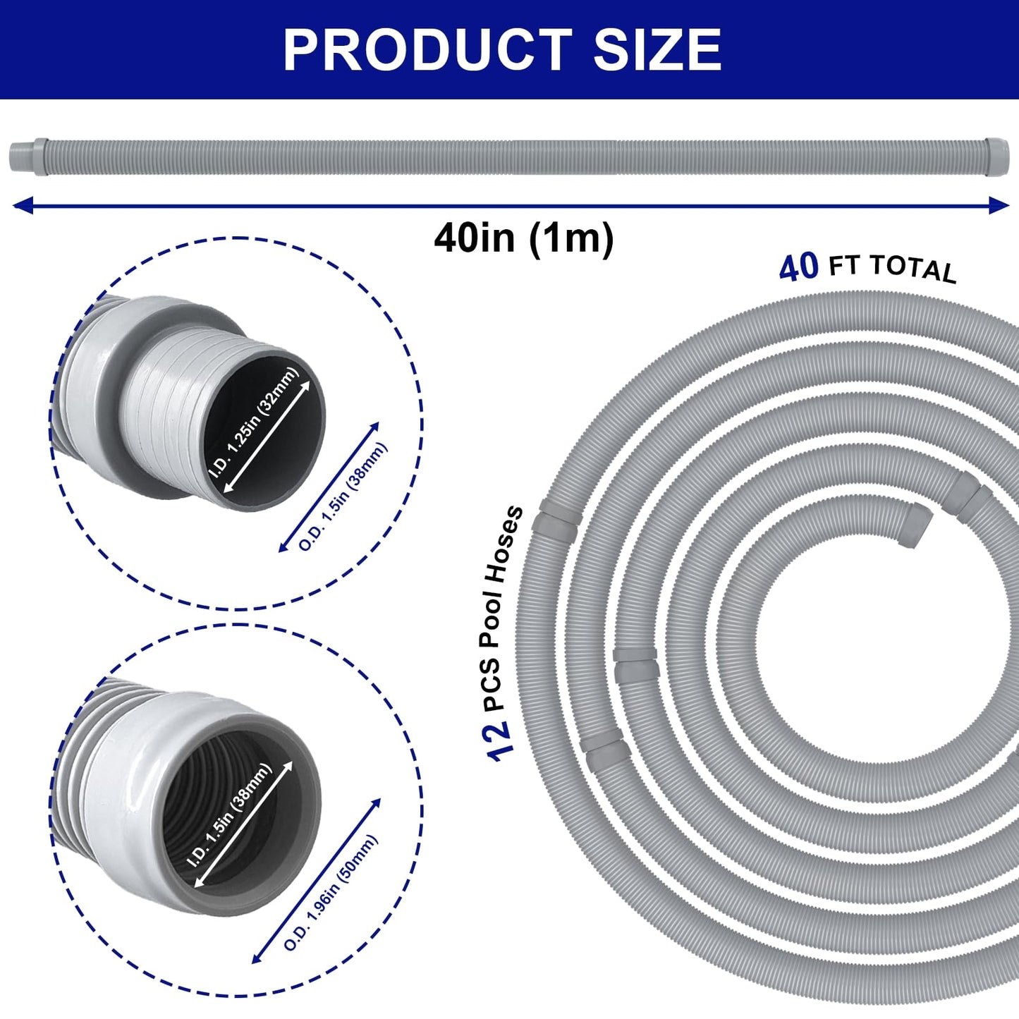 Poolvio Pool Vacuum Hose 40 Feet (12 x 40 Inch), 1.5 Inch Cuffs, Compatible with Most Inground Pool Automatic Cleaners, Gray