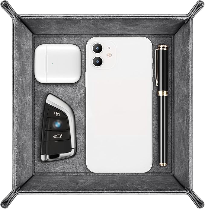 SITHON Valet Tray Desktop Storage Organizer Ã¢ÂÂ Premium PU Leather Catchall Bedside Vanity Tray Nightstand Caddy Holder for Remote Controller, Keys, Phone, Wallet, Coin, Jewelry (Gray)