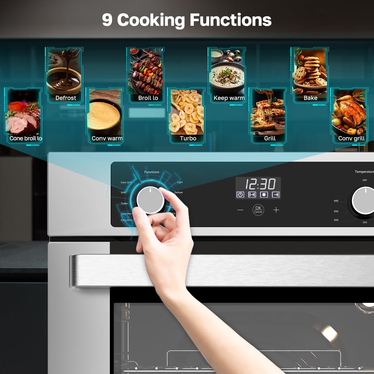 24 Inch Electric Wall Oven, ETL Certified, ThermoMate Built-in Oven with 2.6 Cu.ft Capacity, 9 Working Functions, Sensor Touch Control, Anti-Mistouch Knob, Stainless Steel