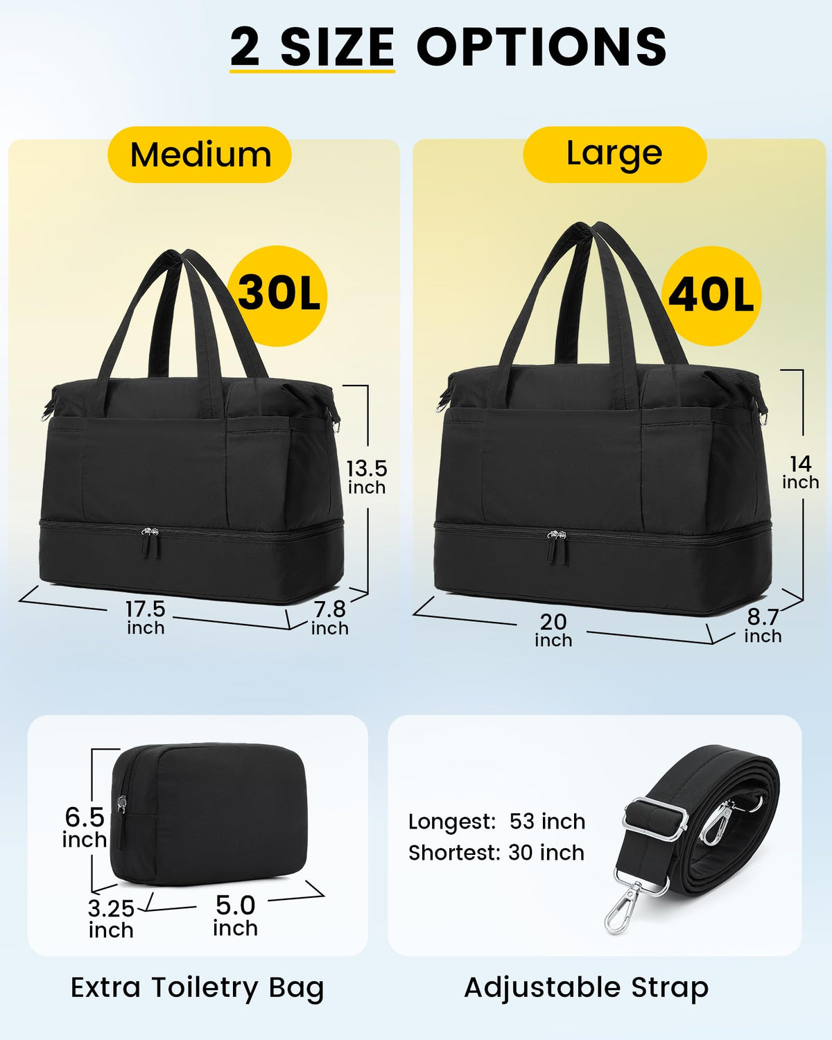 Vorspack Duffle Bag for Travel - 30L Gym Bag for Women Men Personal Item Travel Bag with Shoe Pocket Toiletry Bag Lightweight Carry On Bag for Weekender Overnight Sports - Black