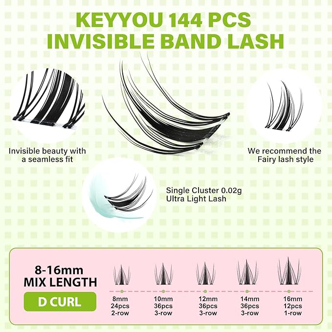 KEYYOU Fairy Lash Clusters 144Pcs D Curl Manga Lash Extension Eyelash Extension Wispy Natural Invisible Band Lash with Waterproof DIY Lash Extension at Home(Fairy-D-8-18MIX)
