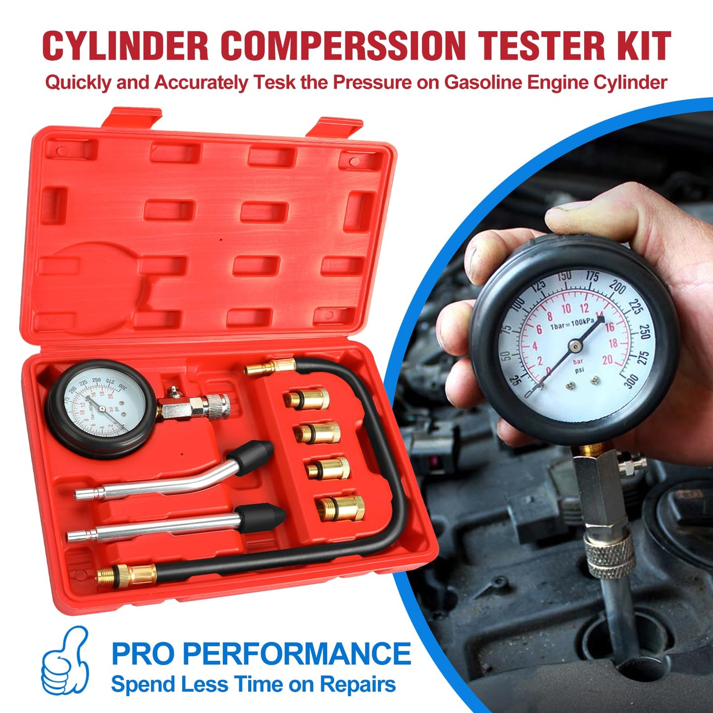 BETOOLL 9pcs Compression Tester with Spark Plug Tester - 300PSI Car and Motorcycle Engine Cylinder Compression Gauge Automotive Tool