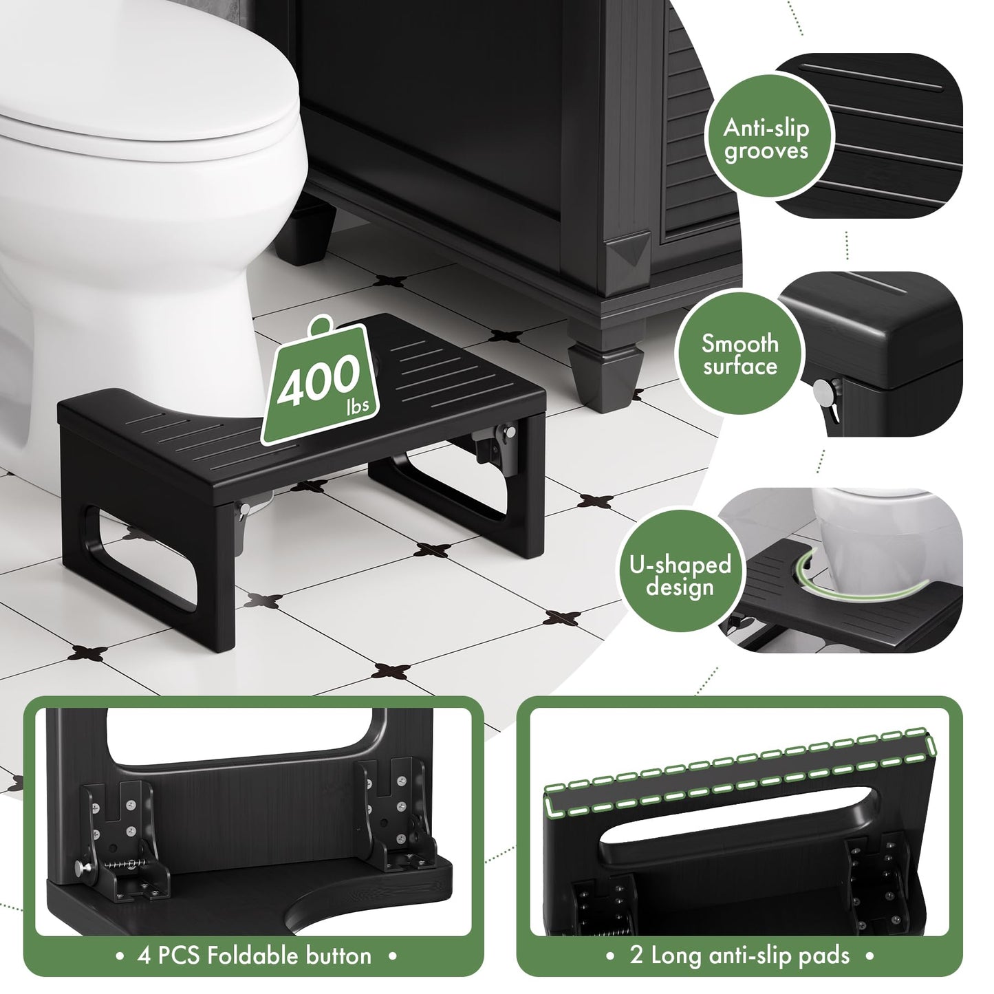 Bathway Squatting Potty Stool, Foldable Toilet Stool Squat for Adult, Bamboo Poop Stool, Foot Step Stools, Anti-Slip Pooping Stools for Bathroom, Black, 7''
