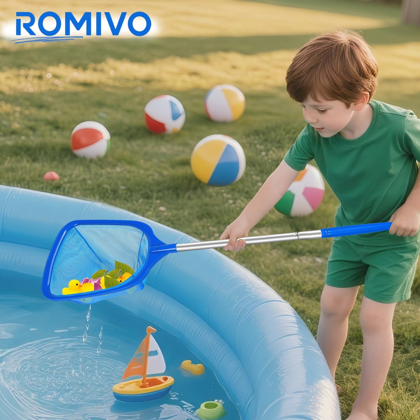 ROMIVO Hot Tub Pool Skimmer Net with Pole for Above Ground Inground Pool, Fine Mesh Pool Net Skimmer for Hot Tub Spa Fountain Pond, Pool Nets for Cleaning Length 31.7'' to 5.7 FT