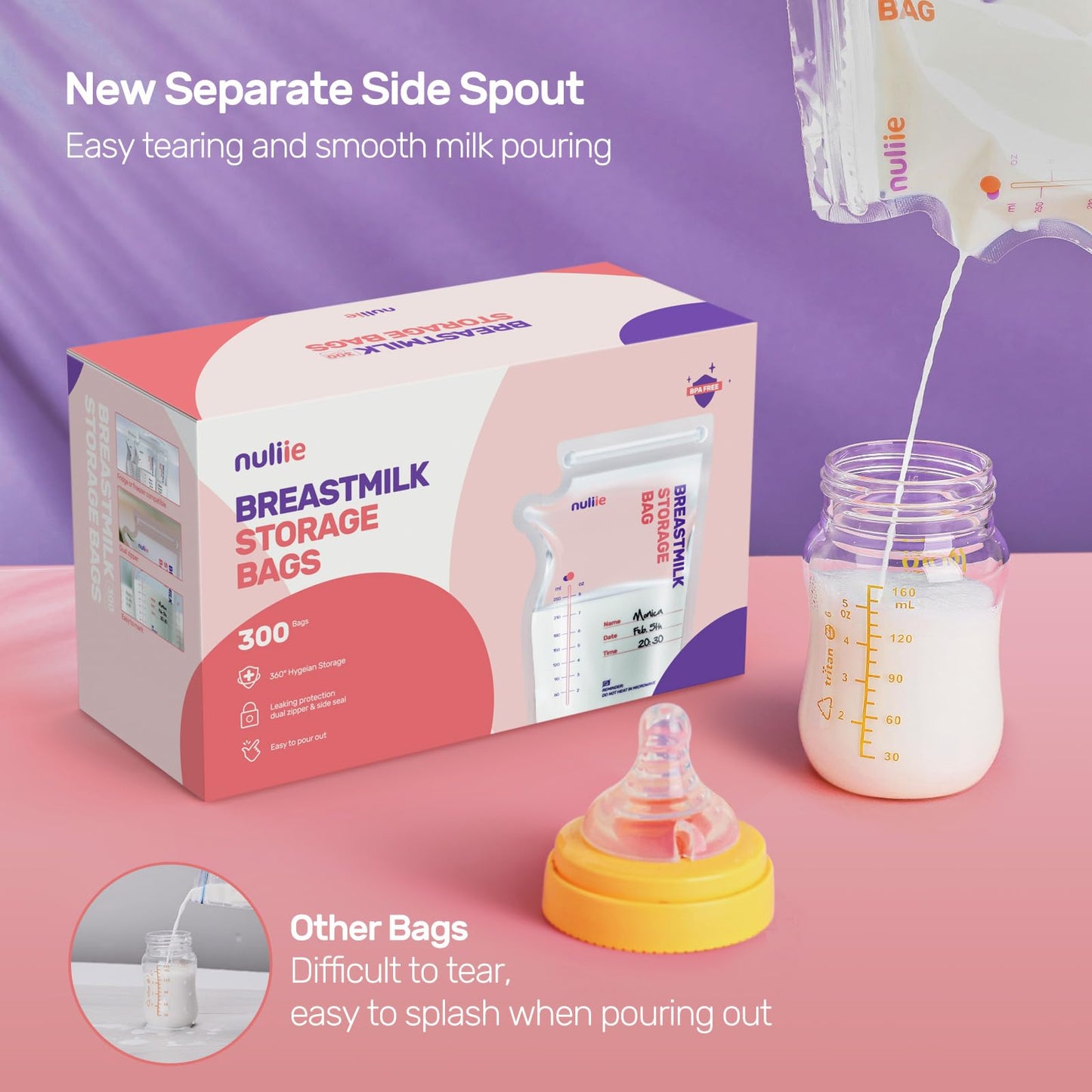 Nuliie 300 Pcs Breastmilk Storage Bags Freezer, 8 OZ Breast Milk Storing Bags, BPA-Free, Milk Storage Bags with Pour Spout for Breastfeeding, Self-Standing Bag, Space Saving Flat Profile