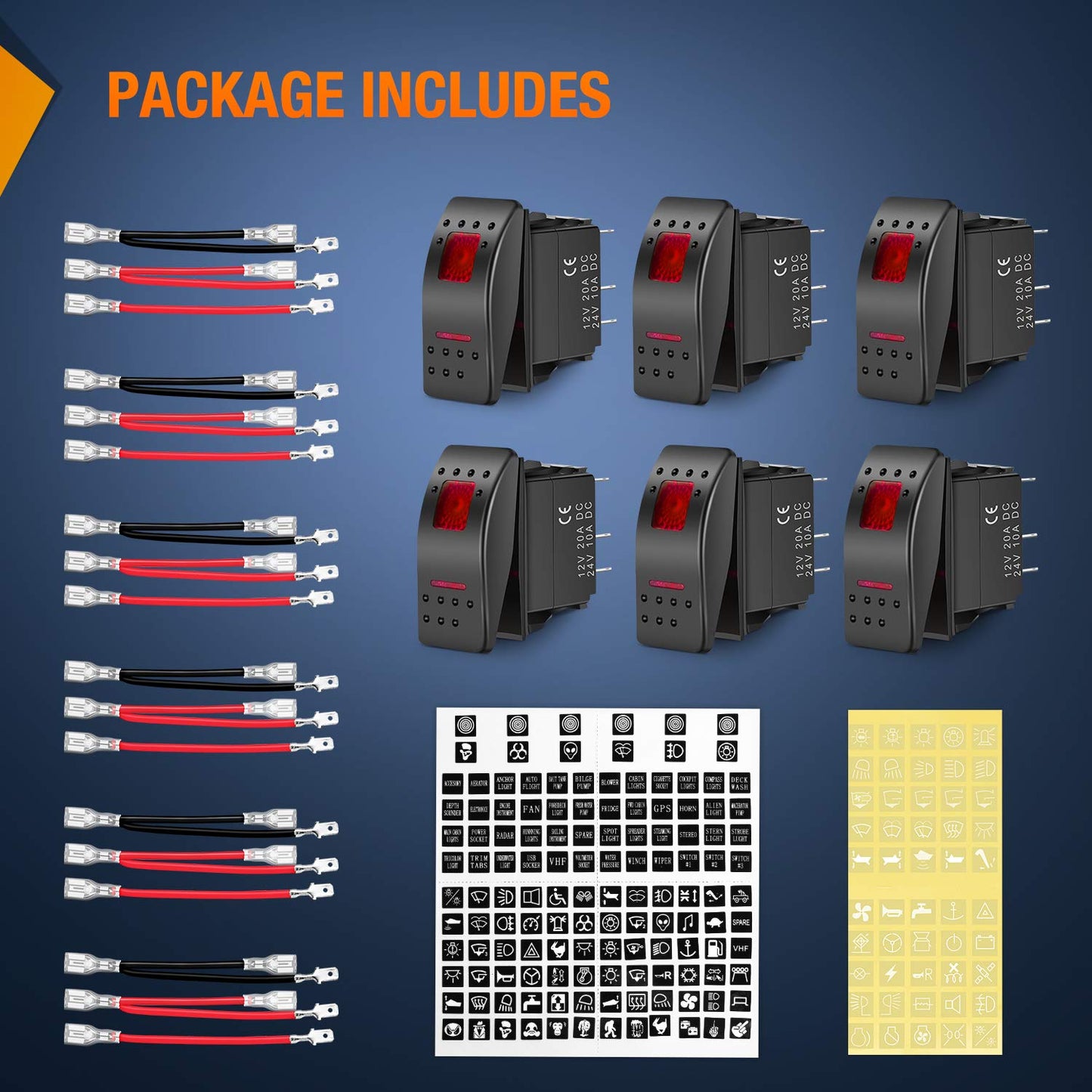 Nilight 6 Pack Rocker Switches with Night Glow Stickers 5 PIN SPST Red Backlit 12V/24V Toggle for Cars Trucks RVs Boats Auto Motorcycles