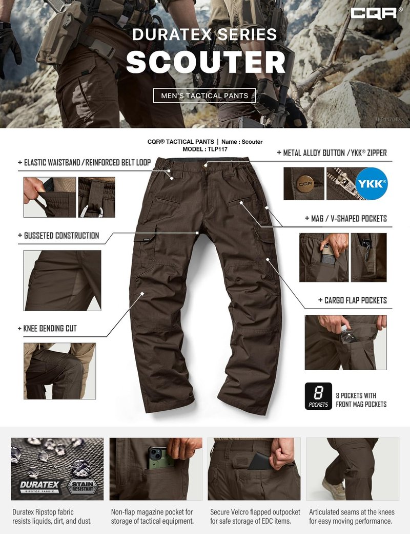 CQR Men's Tactical Pants, Water Resistant Ripstop Cargo Pants, Lightweight EDC Work Hiking Pants, Outdoor Apparel, Raider Dark Brown, 32W x 32L