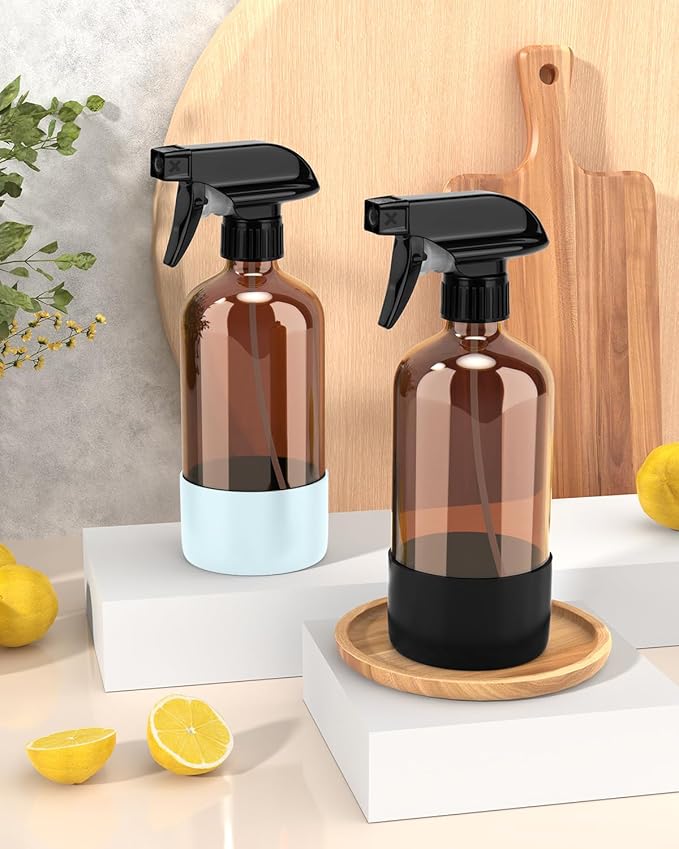 Bontip Glass Spray Bottle with Silicone Sleeve Protection, Amber Glass Spray Bottle Set for Window Cleaner Aromatherapy Facial Hydration Watering Flowers Hair Care 2 Pack/16 oz (Black & Blue, 16 oz)