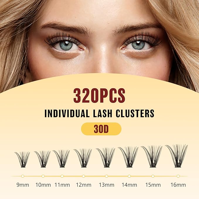 QUEWEL Lash Clusters Kit, 320 Pcs 30D Lash Cluster Eyelash Extensions 9-16mm Lash Clusters Wispy Kit with Eyelash Clusters Bond and Seal Glue Remover Tweezers (30D Kit)