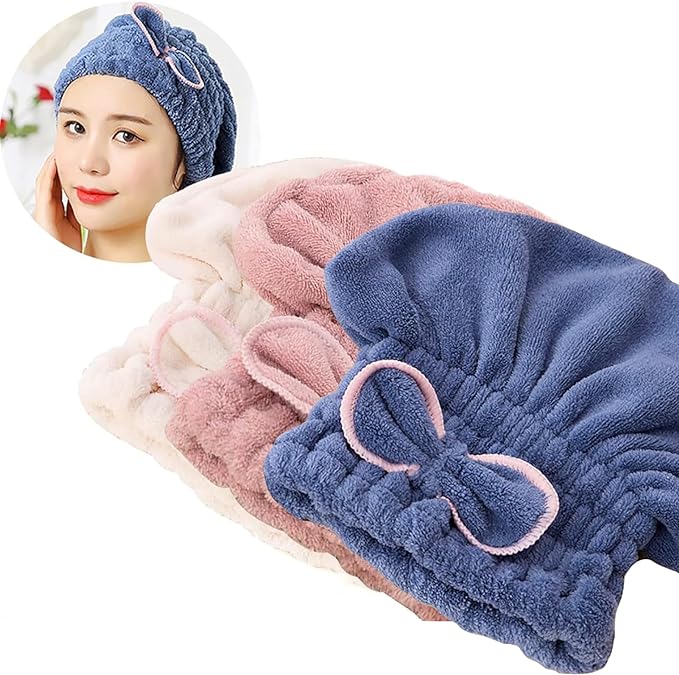 Jseng 3PC Microfiber Hair Towel Caps, Extreme Soft & Ultra Absorbent, Fast Drying Hair Drying Caps Towel Turban Wrap for Wet Hair Women