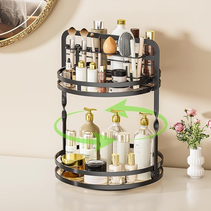 360ÃÂ° Rotating Makeup Organizer, 2-Tier Black Perfume Organizer for Dresser, Bathroom Organizers Countertop, Perfume Shelf with Makeup Brush Holder, Skincare Holder Cosmetic Display(Black)