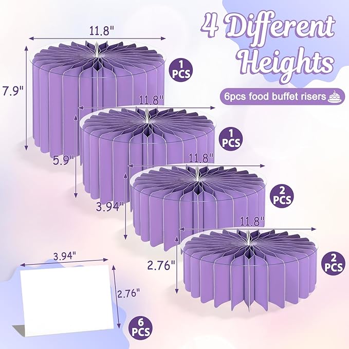 6Pcs Buffet Risers, Food Risers for Table, Foldable Cake Display Stands, Tall Cardboard Cupcakes Stand for Show Catering Desserts Jewelry Wedding Birthday Party Decoration (Purple)