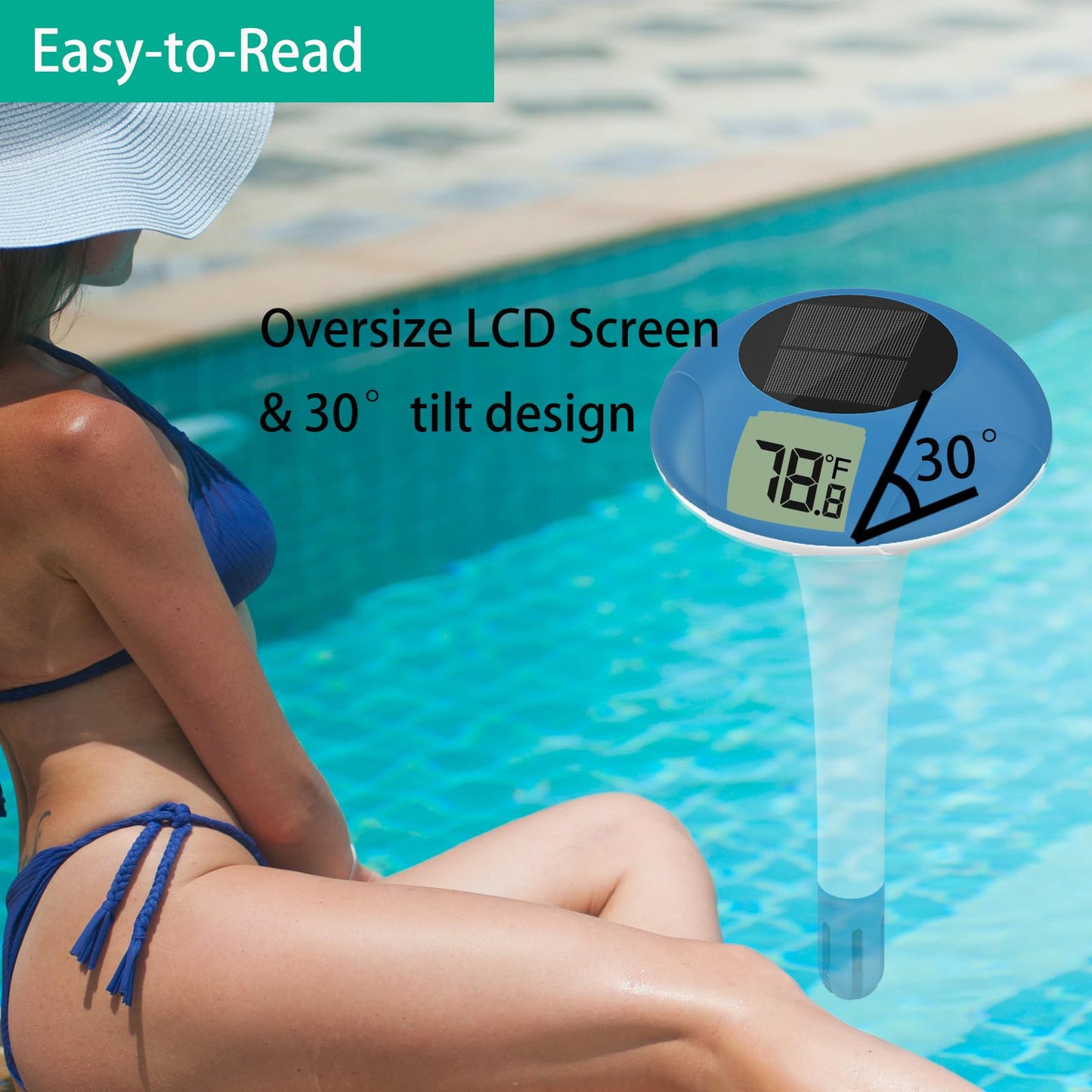 Digital Pool Thermometer Floating Easy Read –Solar Powered Floating Digital Temperature Gauge for Accurate Testing, Big LCD Screen for Easy Reading, °C/°F Display, IPX-8 Waterproof (Navy Blue)