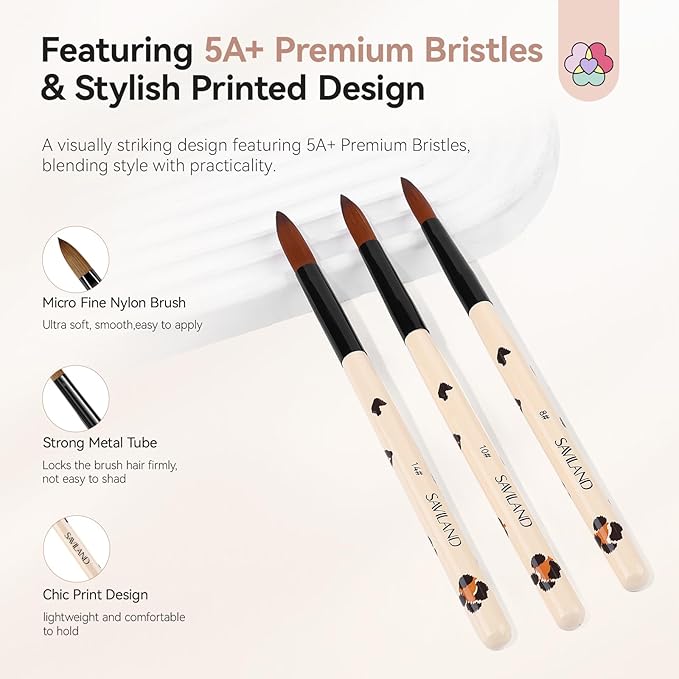 SAVILAND 3Pcs Acrylic Nail Brushes for Beginners: Leopard Print Sizes 8/10/14 Acrylic Brush Set, Professional Nail Art Tools for Acrylics Powder, Nail Extensions, 3D Carving & Salon DIY Kit