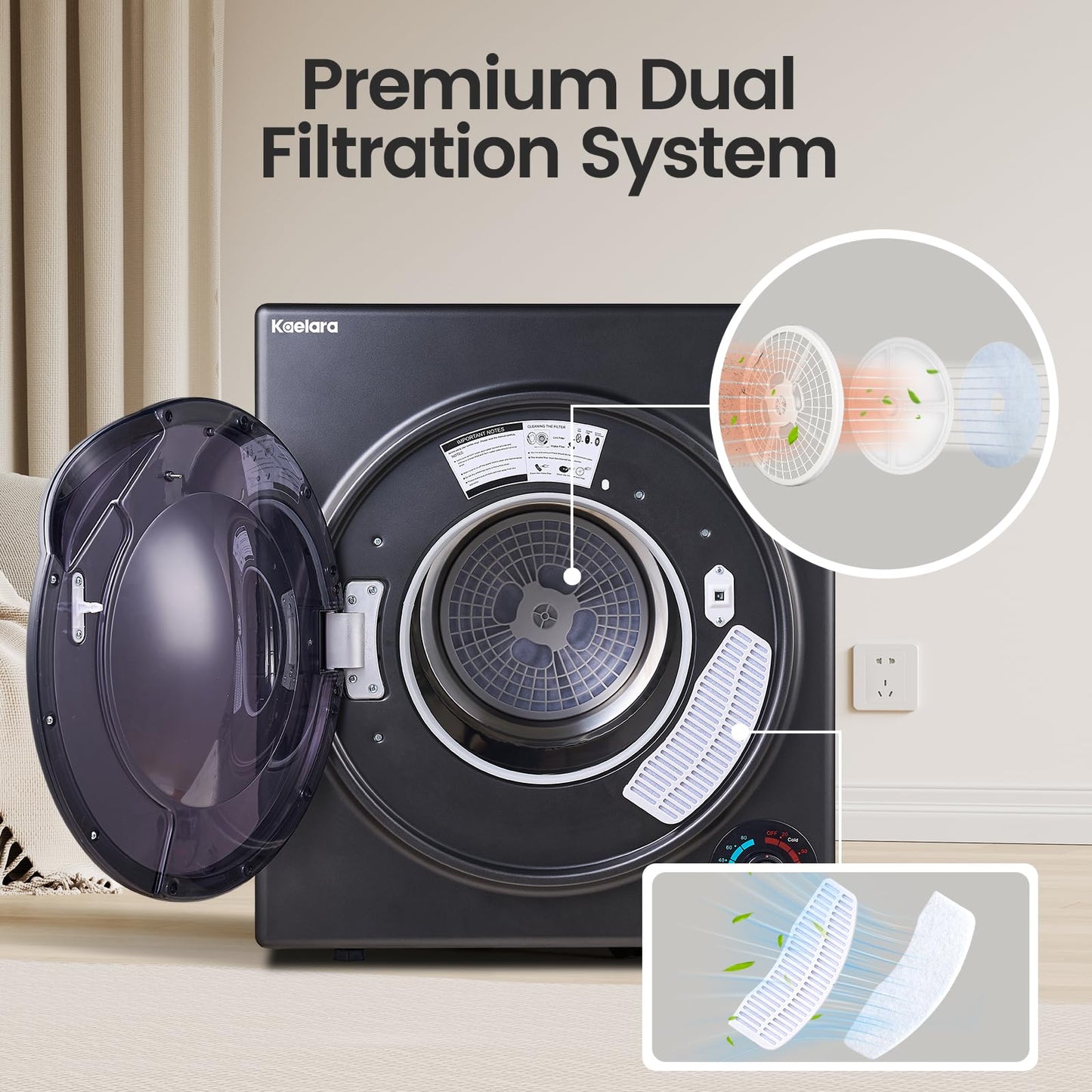 Kaelara Portable Dryer 3.5 cu.ft, 1500W Compact Dryer with Stainless Steel Tub, 4 Drying Mode, Overheat Protection, Apartment, Dorms, RVs, Black