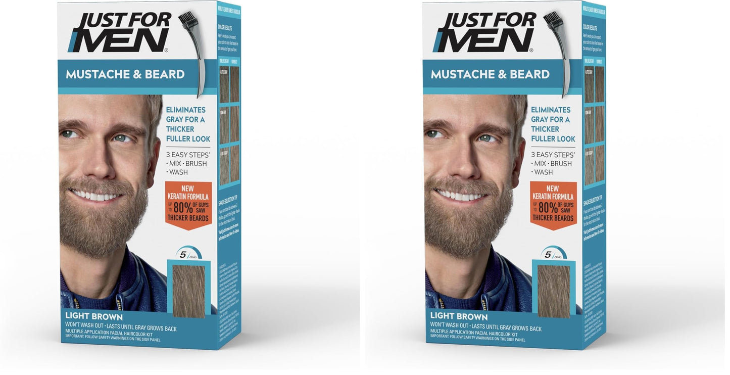 Just For Men Mustache & Beard, Beard Dye for Men with Brush Included, With Keratin Biotin Aloe and Coconut Oil for Healthy Facial Hair - Light Brown, M-25, Pack of 2 (Packaging May Vary)