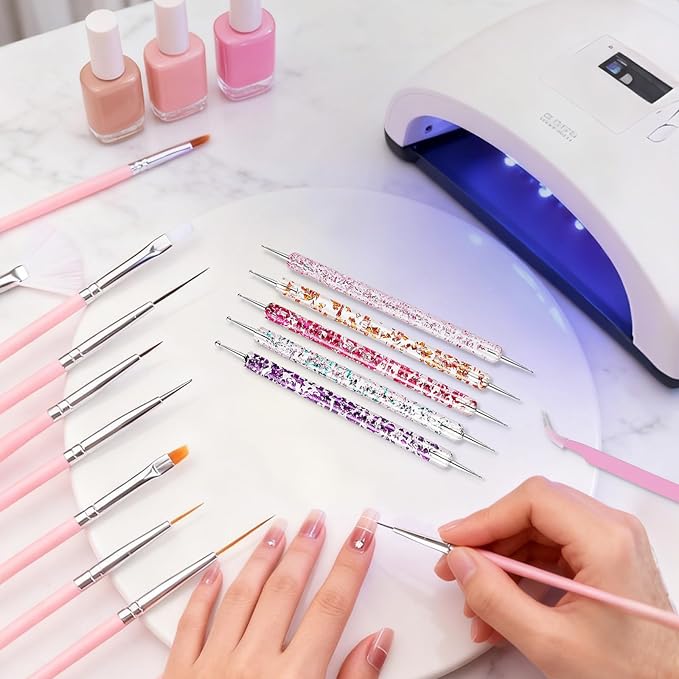 Nail Art Tools Set, Nail Art Kit for Beginners: 15 professional nail brushes for nail art, 5 precision dotting tools, 1 pink curved tweezers, Design Tools for Nail Tech & Beginners