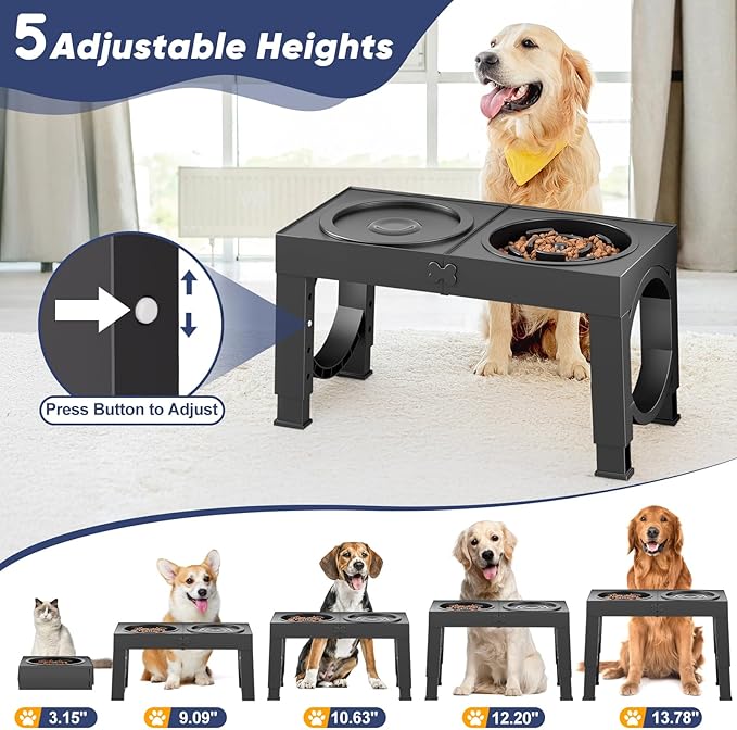XIAZ Elevated Dog Bowls Large Breed Raised Dogs Bowl Stand Large/Medium Sized Dog Slow Feeder Dogs Bowls Food Water Stands 5 Heights Adjustable 9/11/12/14in Pet Feeder Dish Station