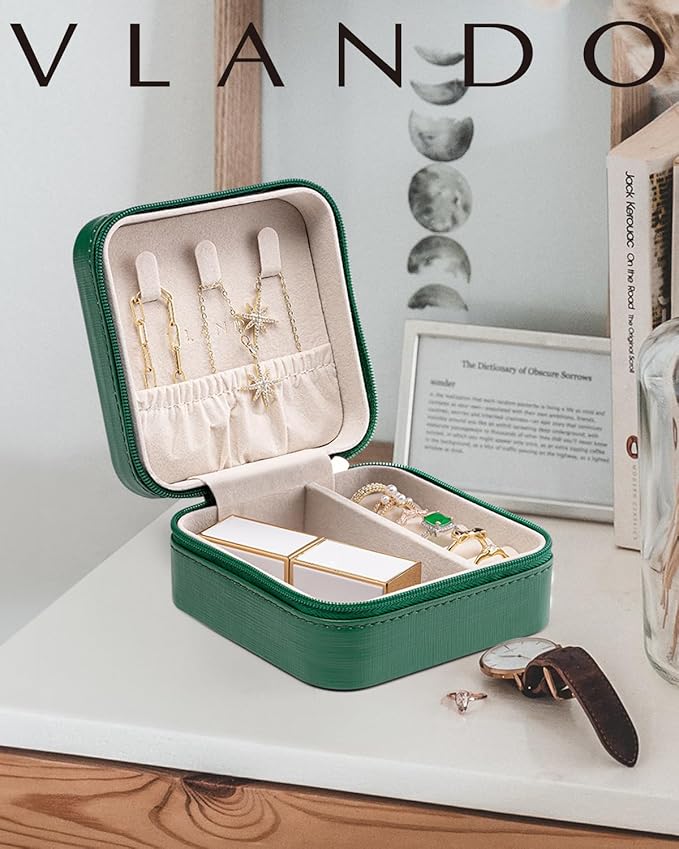 VLANDO Small Travel Jewelry Box Organizer - Girls Women Gift Rings Earrings Necklaces Jewelry Storage Display Case Dark Green