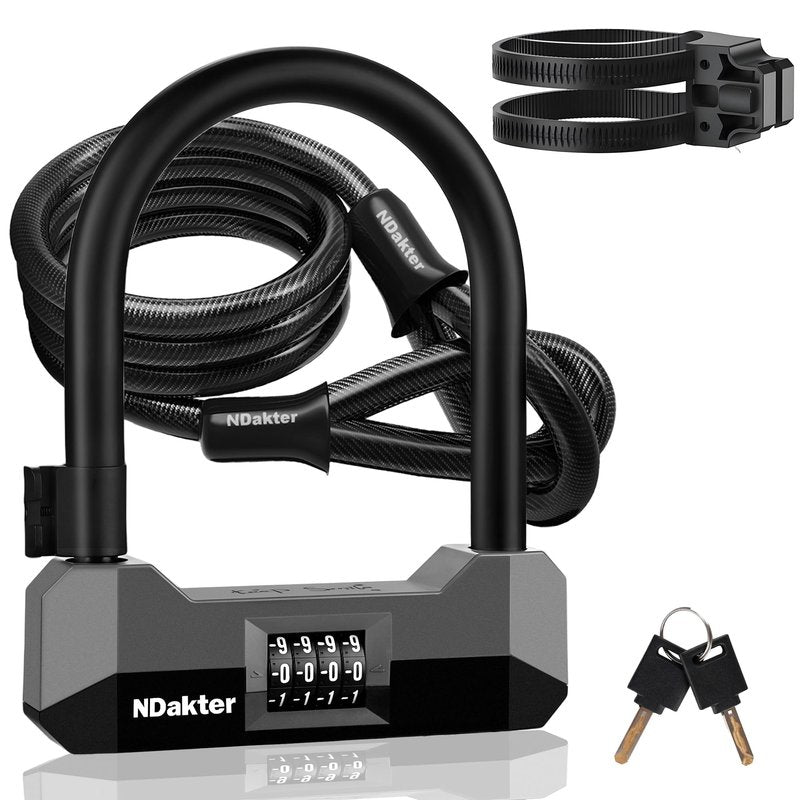 NDakter Bike Locks Heavy Duty Anti Theft, 18mm Bicycle Combo U Lock, 4-Digit Resettable Large Combination Lock with 5FT Steel Cable and Bracket, for Electric Scooter, Ebike, Motorcycle (Blue)
