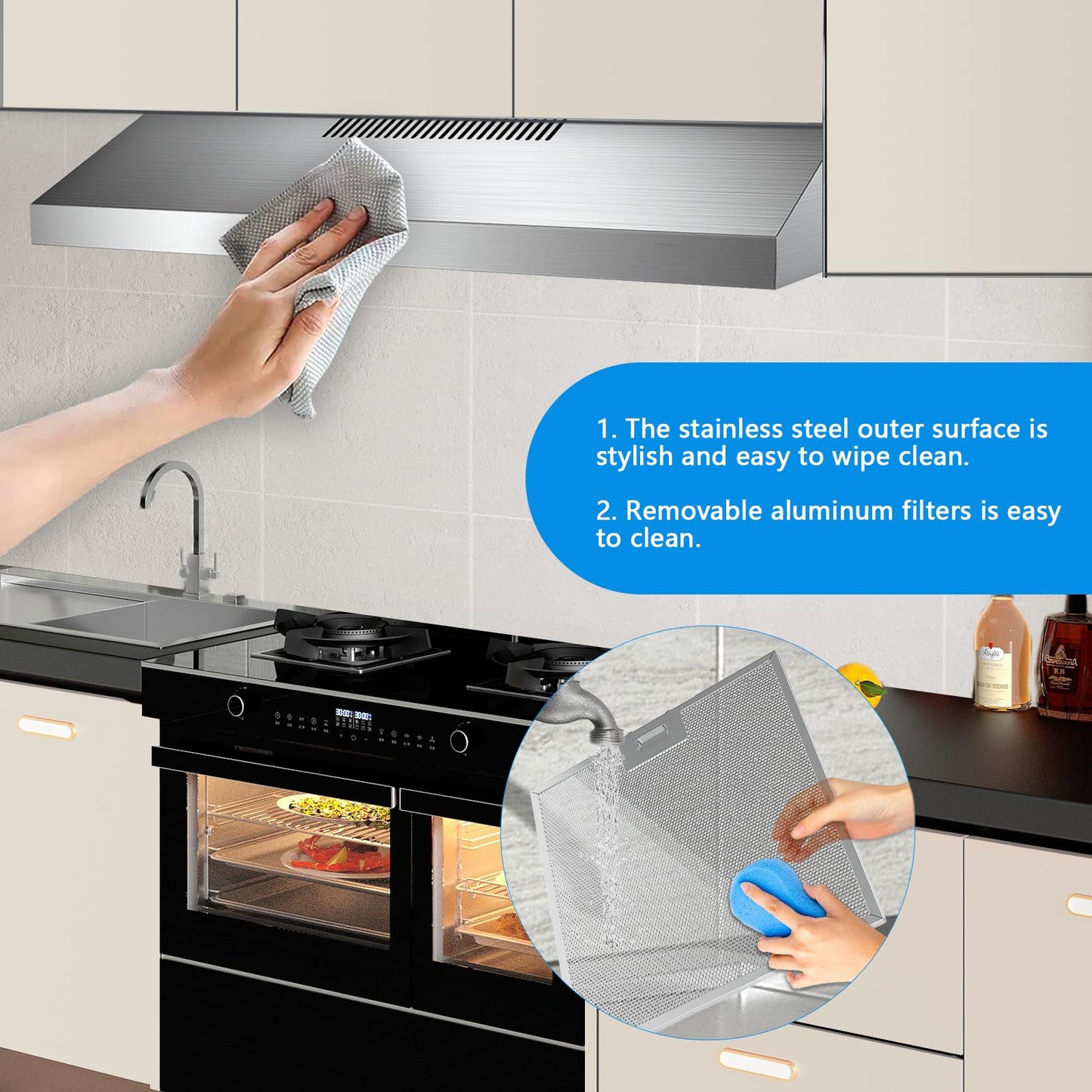 600 CFM Range Hood 36 Inch, Under Cabinet Range Hood for Duct/Ductless Convertible, Stainless Steel Kitchen Stove Vent Hood with 3 Speed Kitchen Exhaust Fan and Two Bright Energy-Saving LED Light