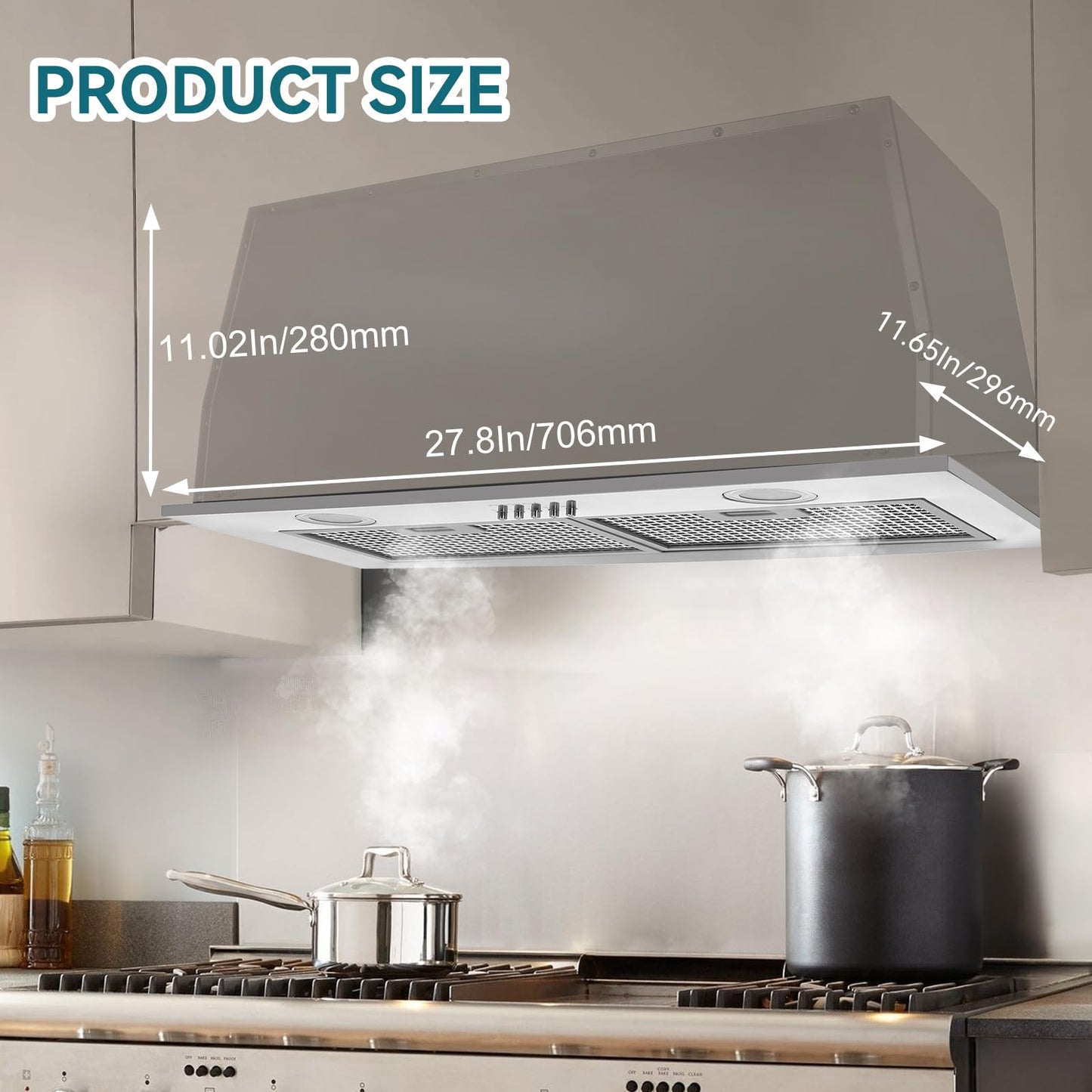 400CFM Built-In/Insert Range Hood 24 Inch - Convertible Ducted/Ductless Kitchen Vent with 3-Speed, 2×3W LED Lights & 6-Layer Grease Filters