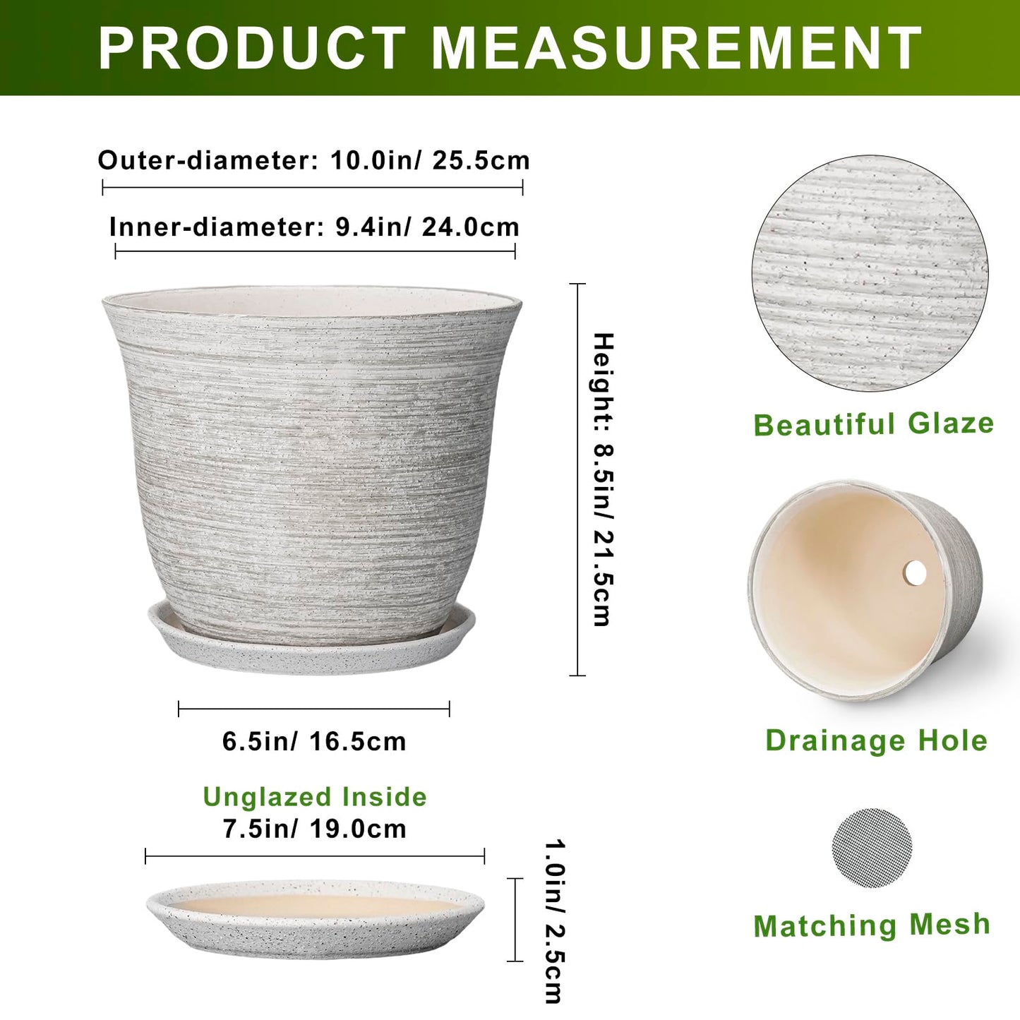 SUNPOTFOR Ceramic Flower Pots - 10 Inch Plant Pot with Drainage Hole and Saucer, Round Planter for Indoor Outdoor, Modern Planters, Large Flower Pot, Home Porch Garden Decor, Plant Lover Gifts, Grey