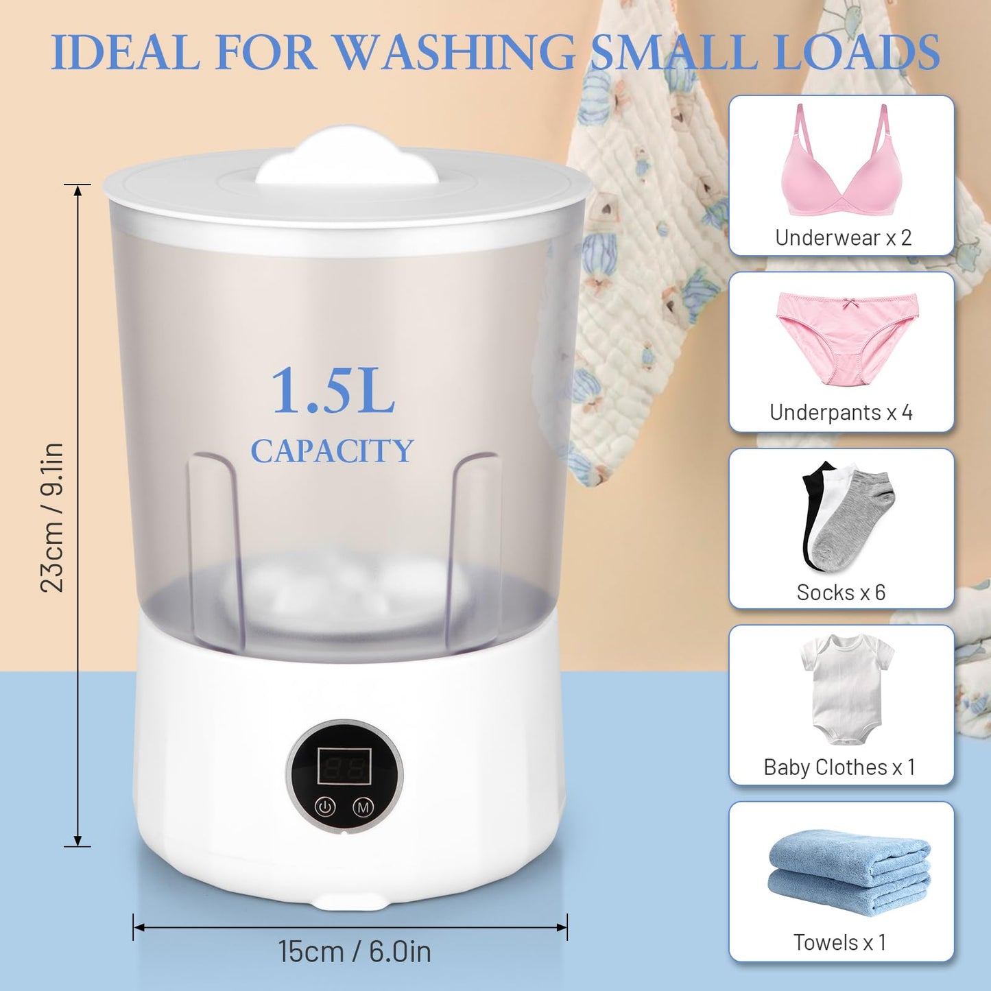 Underwear Washing Machine - Portable Rechargeable Mini Washing Machine w/ 1.5L Isolated Tubs, Bionic Hand-Wash Tech for Travel, Camping, Dorm | 3 Modes, 3000mAh