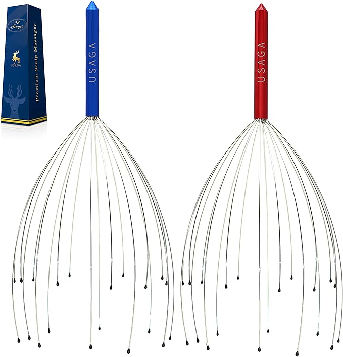 USAGA Head Massager Scalp Massager 20 Fingers Head Scratcher, Stocking Stuffers Gift for Scalp Body Relaxing (Red & Blue)