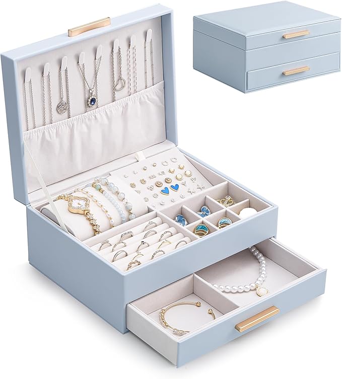 Lolalet 2-Layer Jewelry Box Organizer for Women Girls, Jewelry Storage Case Holder with Drawers for Necklaces Ring Earrings Bracelet Watch, Gifts for Galentines Valentines Girlfriend Wife -Blue