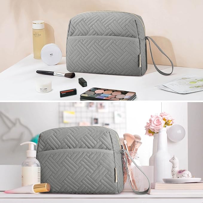 BAGSMART Makeup Bag, Elegant Roomy Cosmetic Pouch for Purse,Travel Zipper Pouch,Water-resistant Toiletry Bag,Makeup Accessories Organizer, Grey
