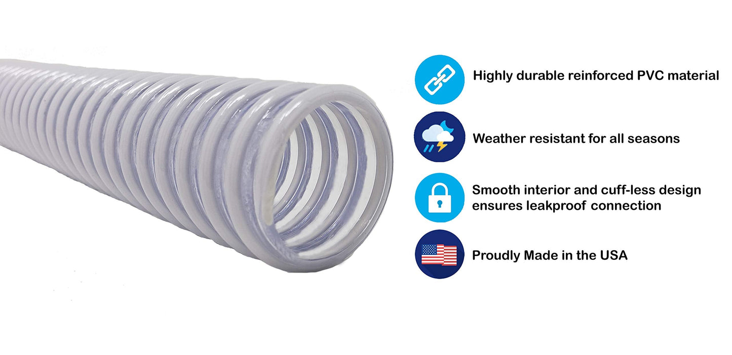 Sealproof 1.25" (32mm) Pool Filter Pump Connection Hose for 1-1/4 Inch Above Ground Pools and Intex Systems, 12 FT Premium Quality PVC Made in USA | Cut to Desired Length, Includes 4 Hose Clamps