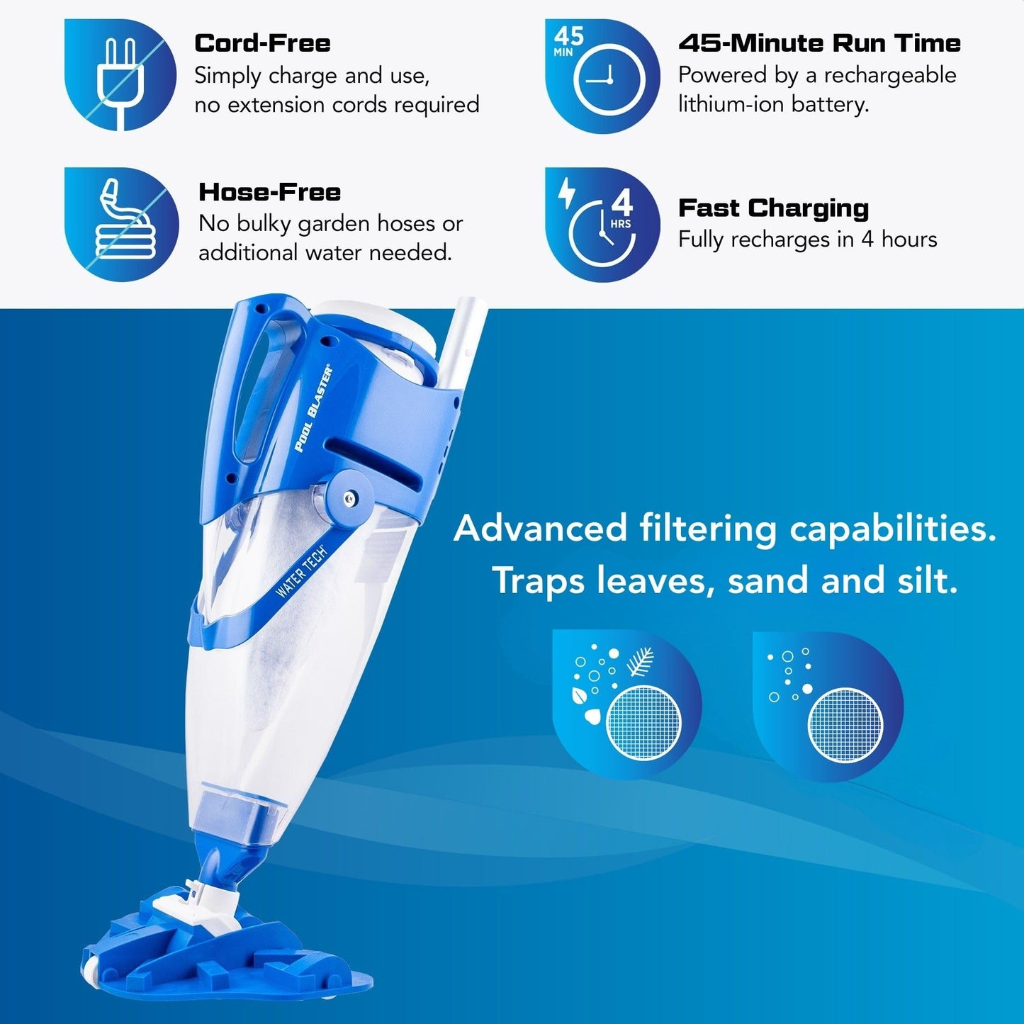 POOL BLASTER Centennial Cordless Pool Vacuum w/Pole Set - XL Debris Capacity & Advanced Filtration, Handheld Rechargeable Pool Cleaner for Sand, Silt & Leaves in Inground & Above Ground Pool