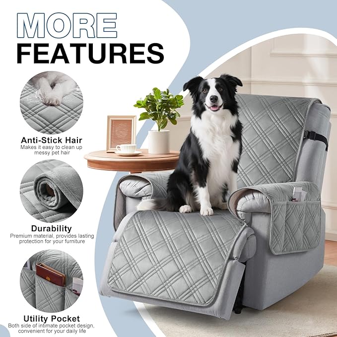 TAOCOCO 100% Waterproof Recliner Chair Cover, Recliner Covers for Recliner Chair with Pocket, Non Slip Reclining Chair Cover Furniture Protector for Kids, Pets(30'', Light Grey-Velvet)