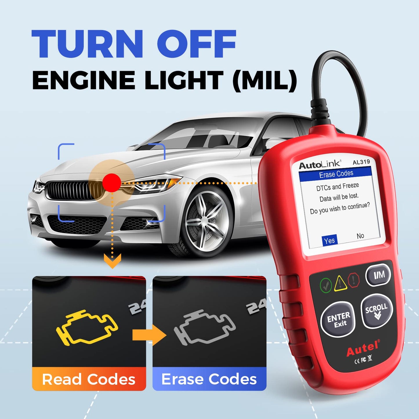 Autel Professional OBD2 Scanner AL319 Code Reader, Enhanced Check and Reset Engine Fault Code, Live Data, Freeze Frame, CAN Car Diagnostic Scan Tools for All OBDII Vehicles After 1996, 2026 Upgraded