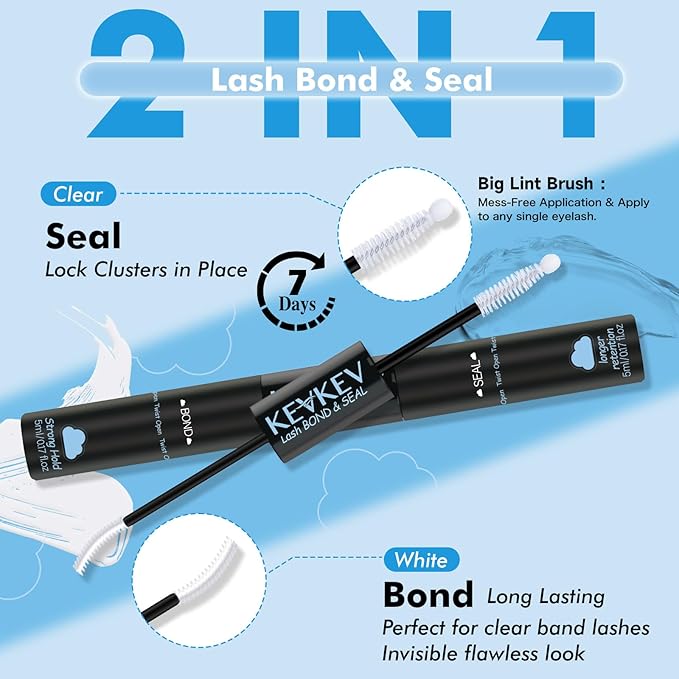 KEVKEV Lash Cluster Glue Upgraded Clear Lash Glue 7 Days Long Lasting 2-3S Fast Dry Lash Bond and Seal 2 in 1 Waterproof Latex-Free Easy To Apply (Clear 10ML)
