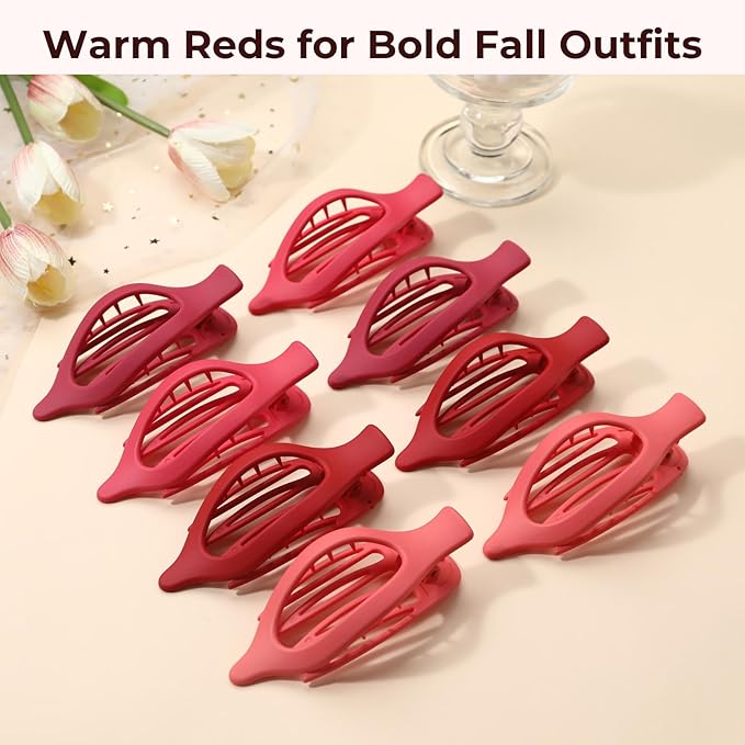 8 Pack Red Flat Hair Clips – Matte Large French Red Claw Clips for Women, Strong Hold No Slip Grip for Thick or Thin Hair, Bold & Chic Look for Date or Party Styling