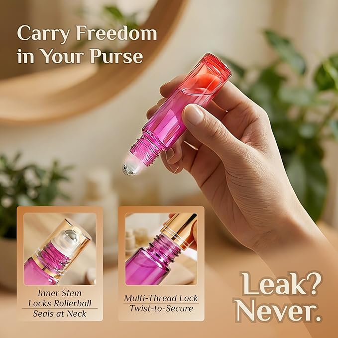 PrettyCare 4 Pack, 10 ml Essential Oil Roller Bottles with Stainless Steel Roller Ball - Refillable Leak-proof Empty Thick Red & Purple Glass Roll on Bottles with Golden Caps for Travel, Perfume