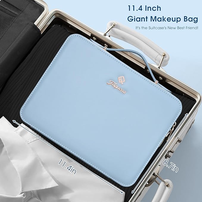 Faquenc Leather Makeup Case with LED Lighted Mirror 11.4 Inch Travel Makeup Bag Adjustable Brightness in 3 Colors Cosmetic Organizer Artist Storage Bag with Dividers Brush Holder Bag Vanity Blue