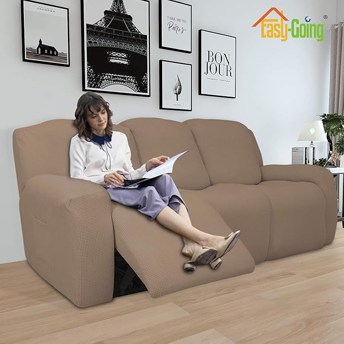 Easy-Going 8 Pieces Recliner Sofa Stretch Sofa Slipcover Sofa Cover Furniture Protector Couch Soft with Elastic Bottom Kids, Spandex Jacquard Fabric Small Checks Camel