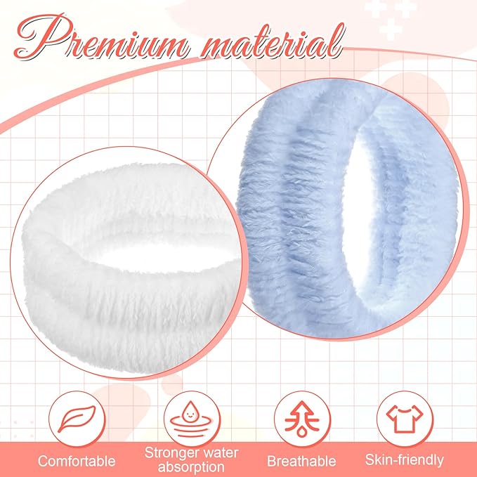 2Pcs Spa Headband, Make Up Headband Hair Head Band for Face Washing Hair Bands Men Absorbent Elastic Skin Care Head Band Wrap for Women Yoga Sports Shower Exercise (Blue, White)