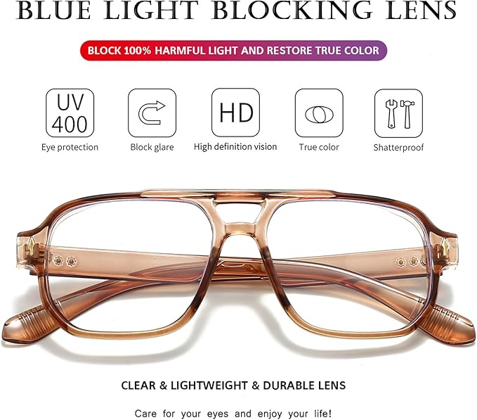 PORADAY Blue Light Blocking Glasses for Women Men 70s Retro Square Aviator Eyeglasses Rectangle Computer Eyewear