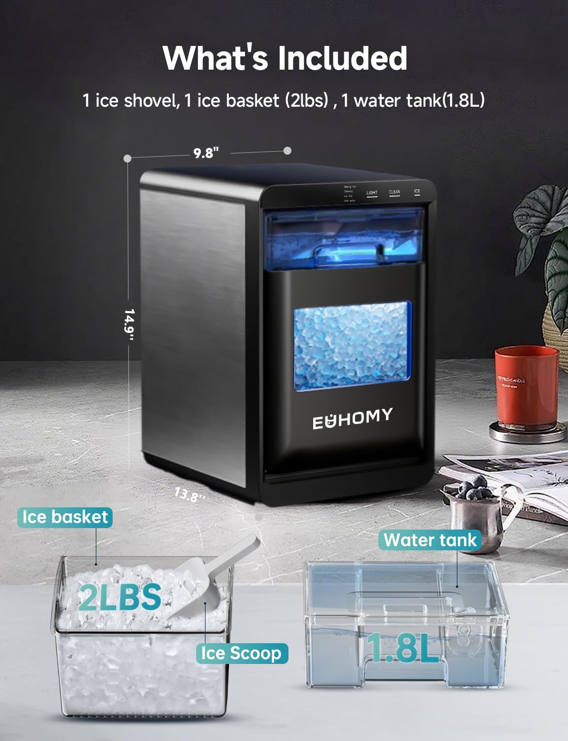 EUHOMY Nugget Ice Maker Countertop, 40Lbs/24H Pebble Ice Maker Machine, Self-Cleaning Countertop Sonic Ice Makers with Ice Scoop&Basket, Pellet Ice Maker Machine for Home/Kitchen/Office