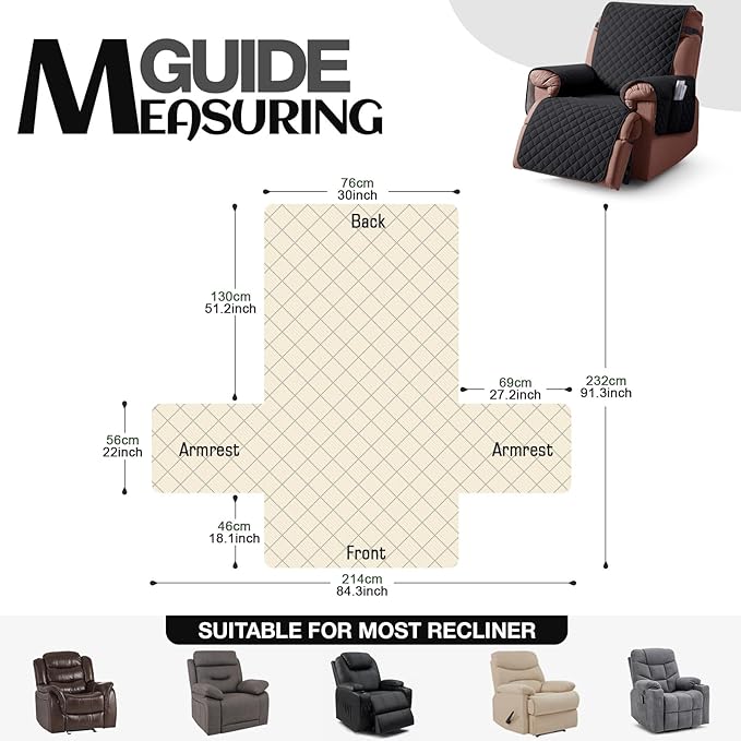 KinCam 100% Waterproof Recliner Chair Cover, Reclining Couch Covers for Pets, Dogs, Recliner Couch Slipcover Furniture Protector with Elastic Straps for Kids(30", Black)