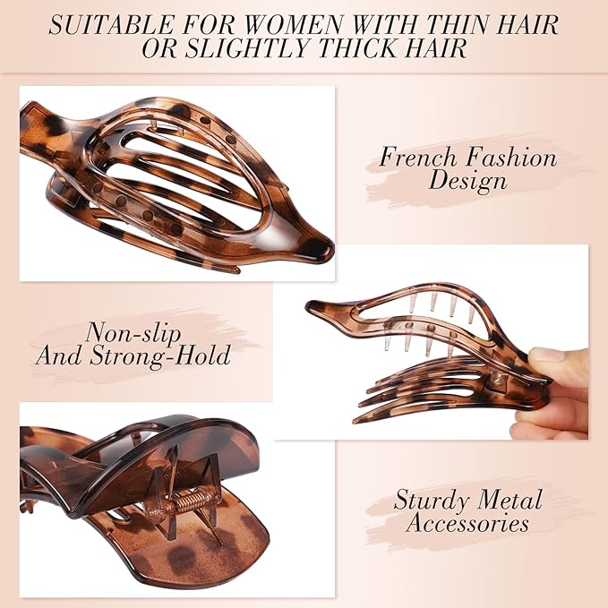 Obeoby 8 Pcs Flat Claw Clips for Women, 2 Types French Flat Hair Clips Hair Accessories Barrettes Large Medium (Tortoiseshell)