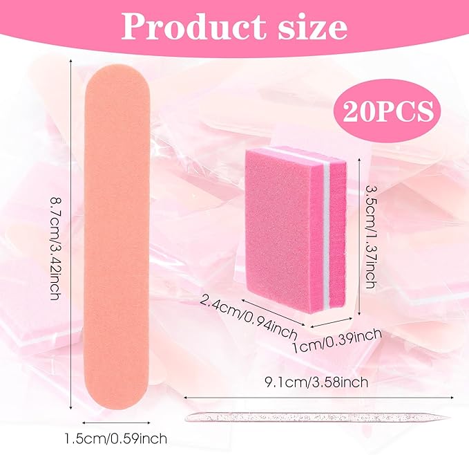 20 Pcs Disposable Manicure Kit Individually Packaged Disposable Nail Supplies with Buffing Block,Nail Files Bulk and Crystal Wand for Salons and Families