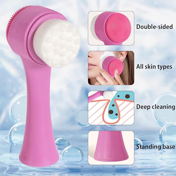 Face Brush 2 in 1, Silicone Facial Cleansing Exfoliating Brush Soft Bristles Pore Deep Cleansing, Jade Face Roller Skin Care Tools, Manual Dual Face Wash Scrub Brush Massaging Gift,PurpleBlack
