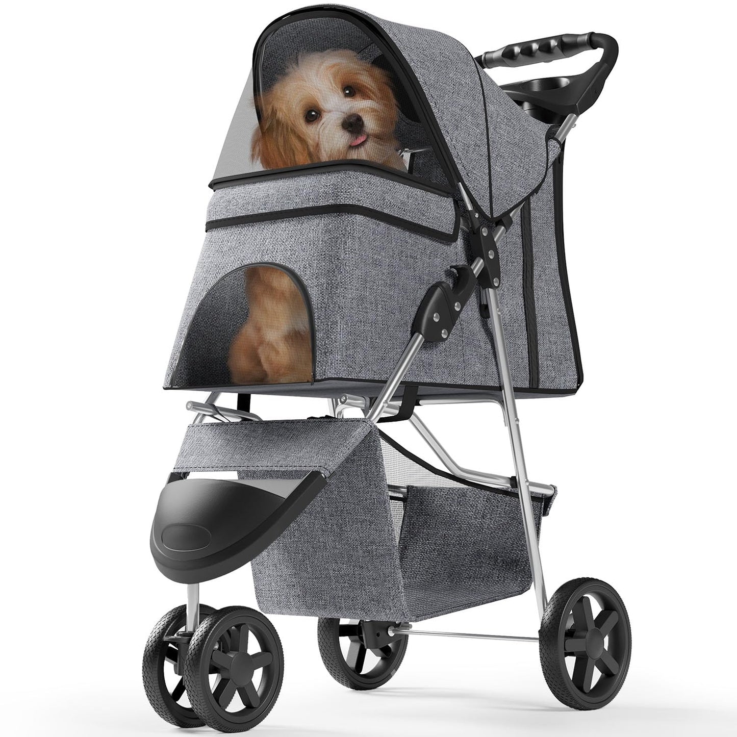 OS MOTOR Pet Stroller with 3 Wheels for Small/Medium Pets, Portable Travel Foldable Carrier Jogger for Dog Cat Puppy Kitty, Rear Wheel Breaks, Storage Basket, Visible Mesh with Weather Cover (Gray)