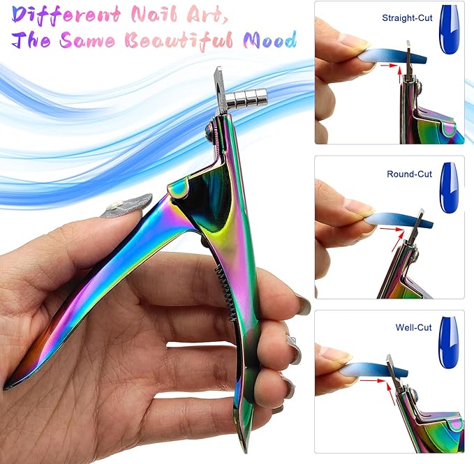 Acrylic Nail Cutter with Magnet Sizer & Length Measurement,Adjustable Stainless Nail Trimmer for Salon Home Nail Art, Professional Nail Clippers for Precise Manicures (Rainbow)