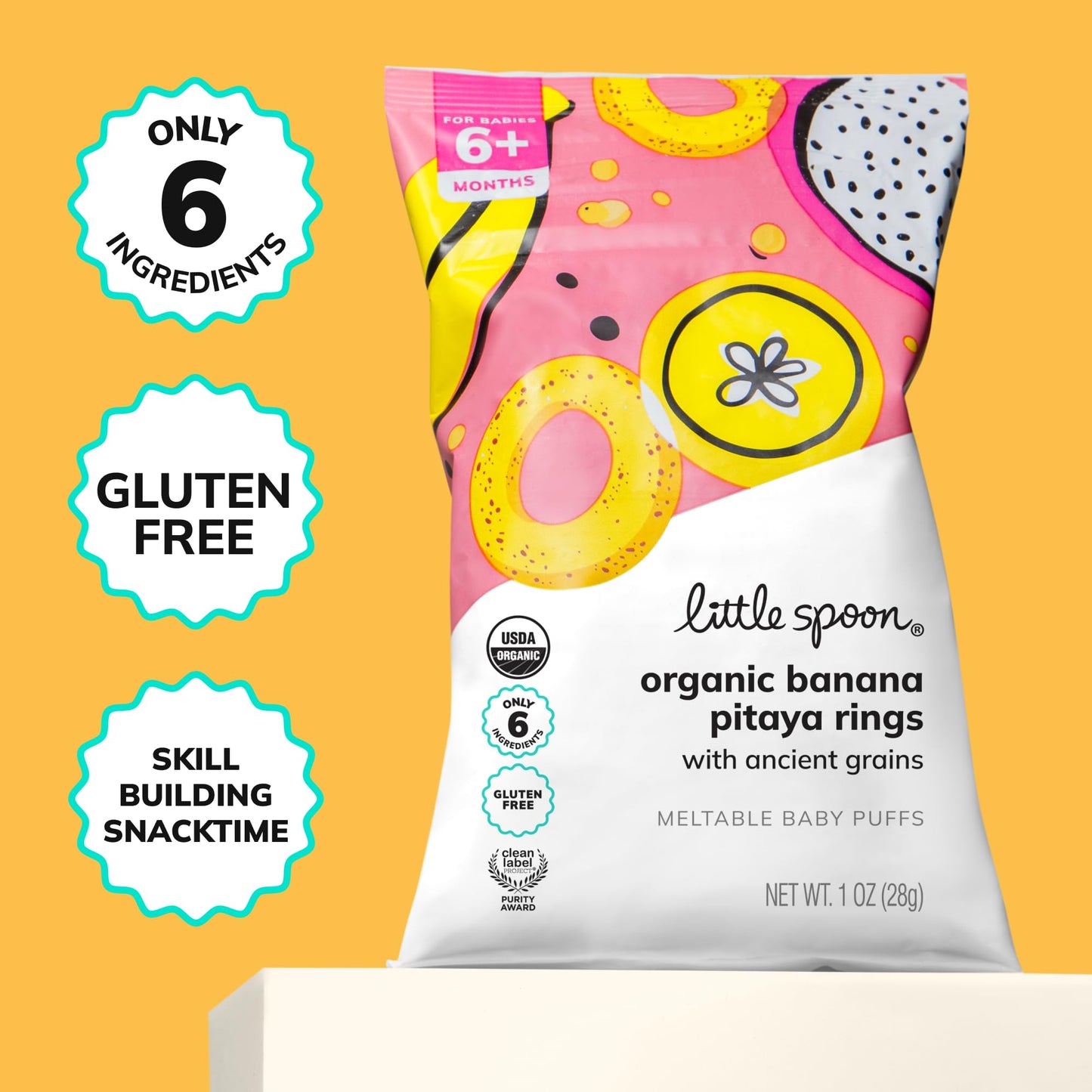 Little Spoon Banana Pitaya Meltable Baby Puffs, Organic Corn Quinoa Sorghum, No Rice, No Added Sugar Snacks, Encourages Self-Feeding, 1 Oz Bag, 4 Pack